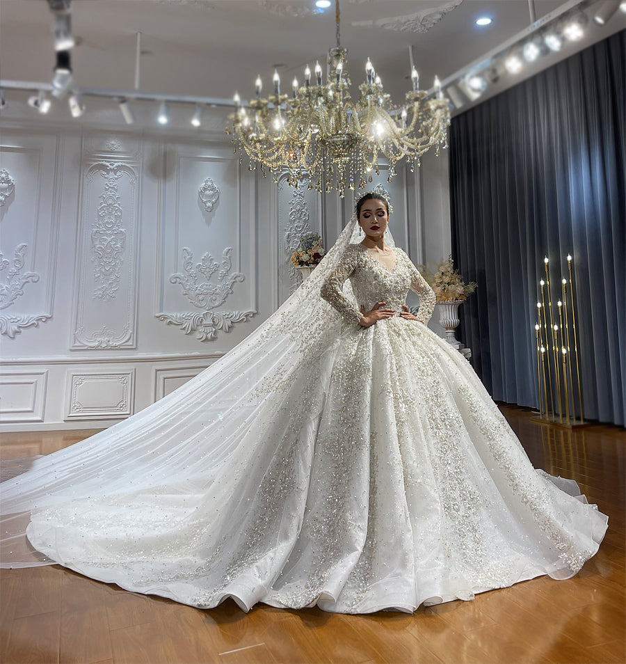 Luxury High Quality Lace long sleeves Bridal Wedding Ball Gown Dress - Image 2