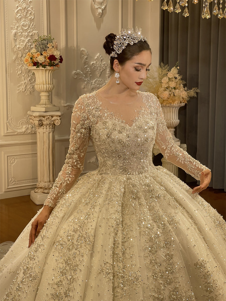 Luxury High Quality Lace long sleeves Bridal Wedding Ball Gown Dress - Image 3