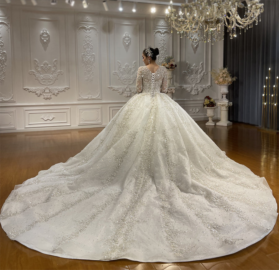 Luxury High Quality Lace long sleeves Bridal Wedding Ball Gown Dress - Image 4