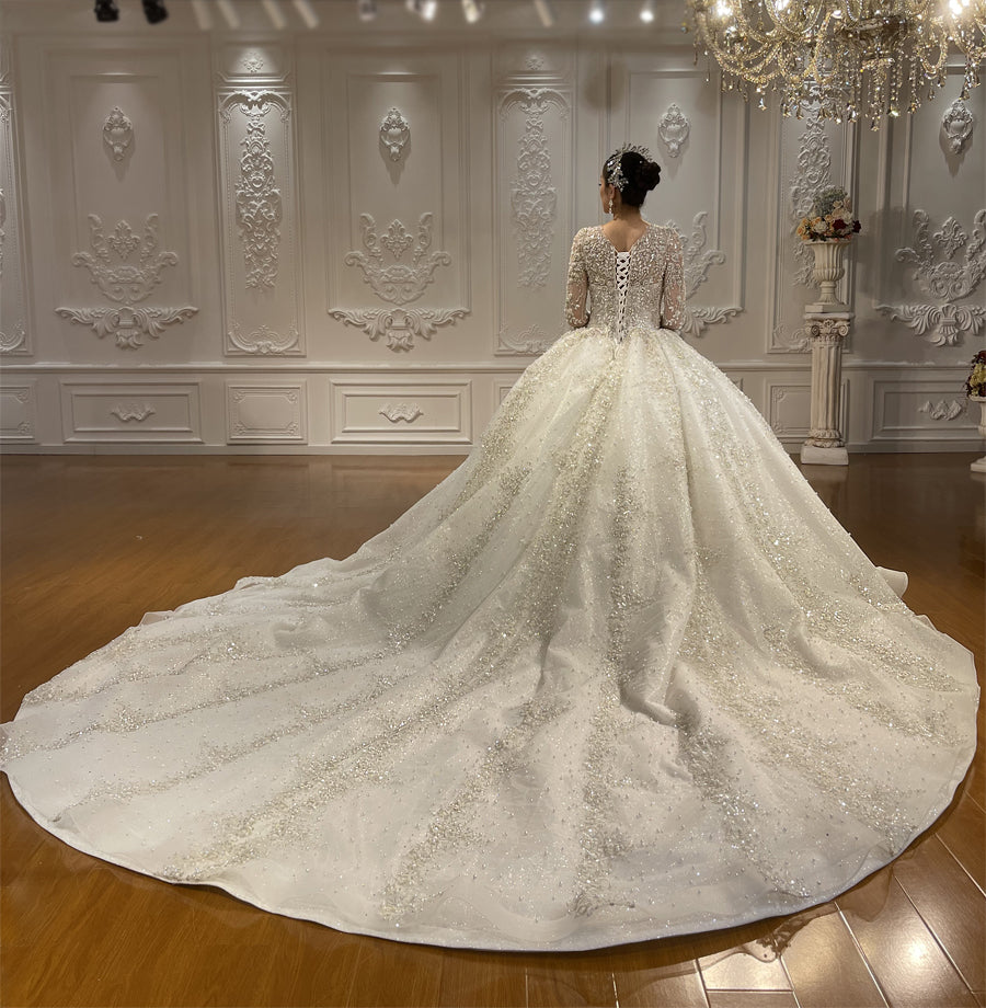 Luxury High Quality Lace long sleeves Bridal Wedding Ball Gown Dress - Image 5