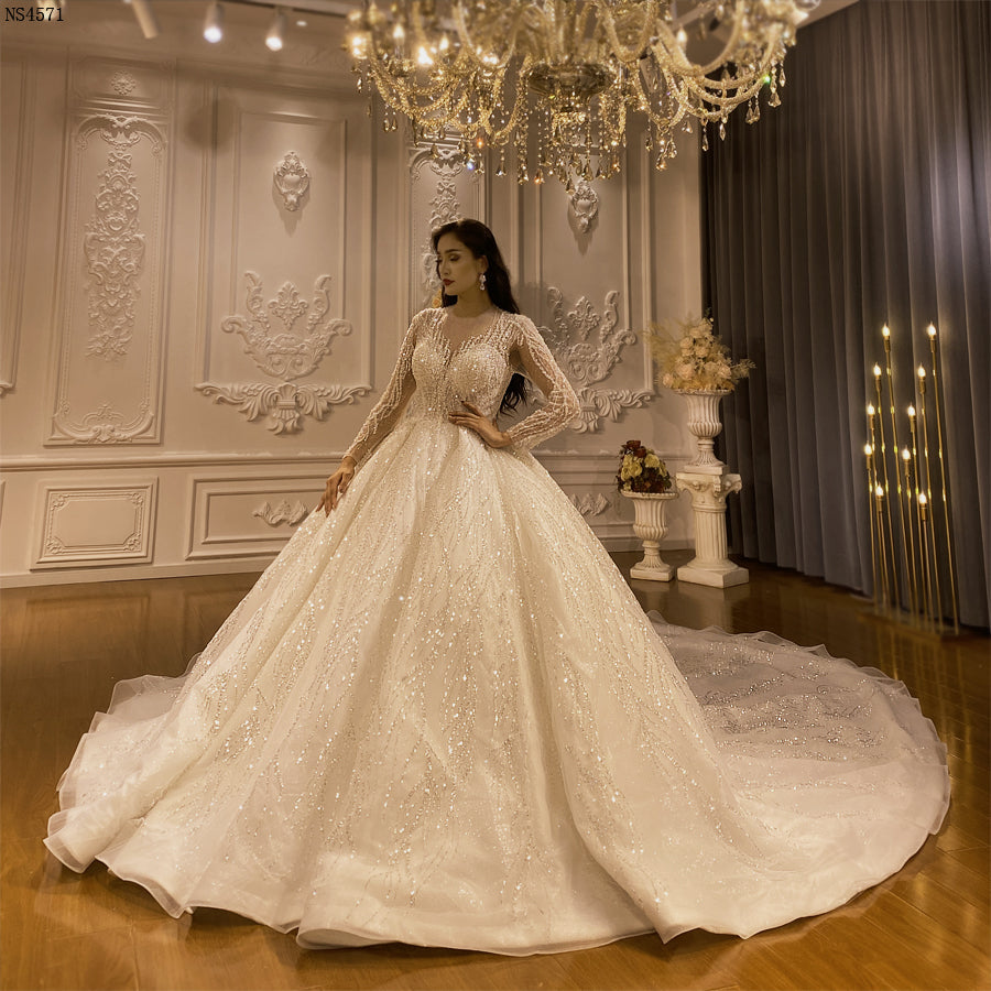 Luxury High Quality Lace long sleeves Bridal Wedding Ball Gown Dress - Image 6