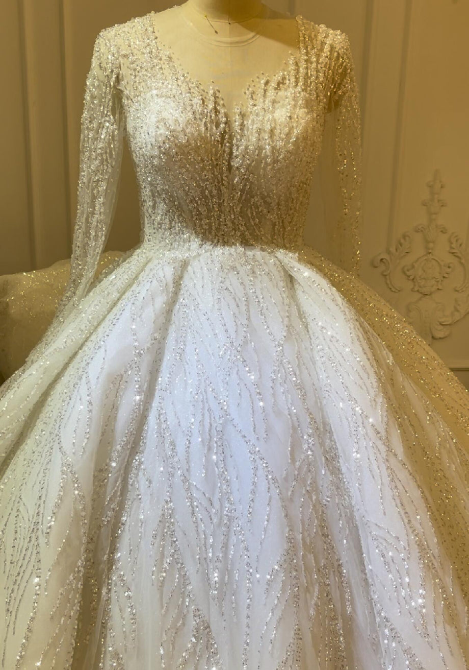 Luxury High Quality Lace long sleeves Bridal Wedding Ball Gown Dress - Image 5