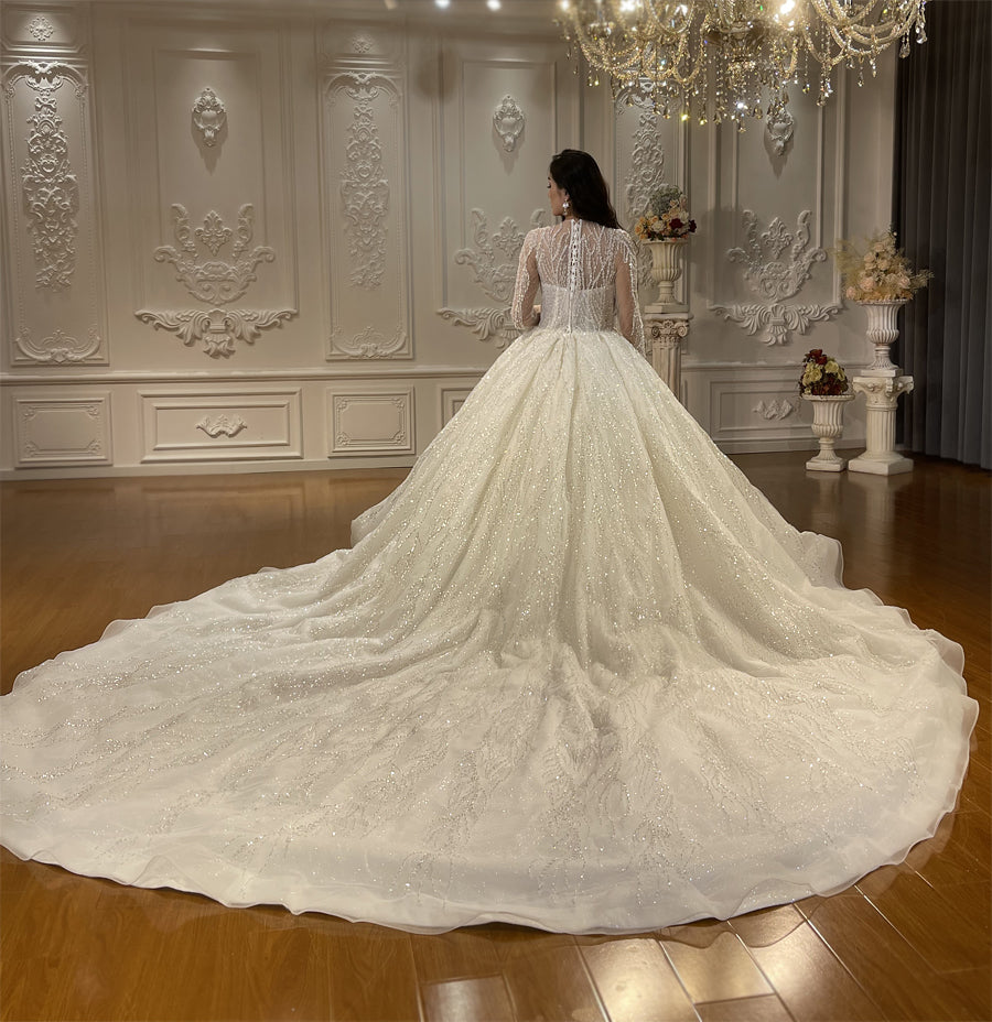 Luxury High Quality Lace long sleeves Bridal Wedding Ball Gown Dress - Image 4