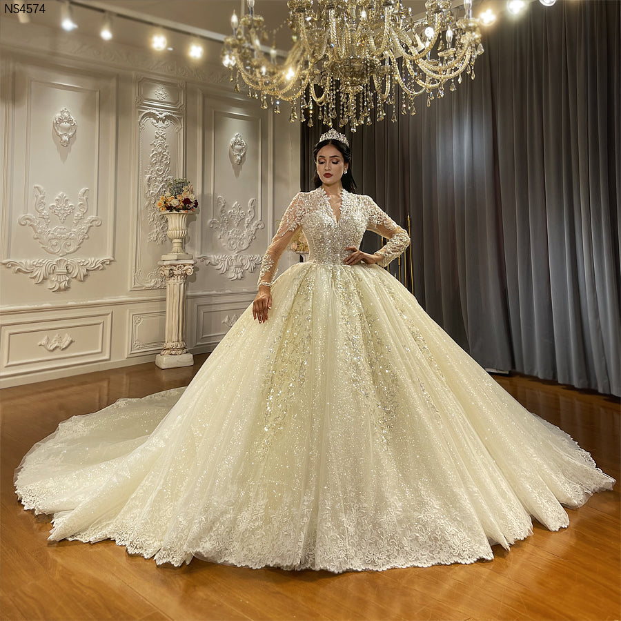 Luxury High Quality Lace long sleeves Bridal Wedding Ball Gown Dress - Image 8