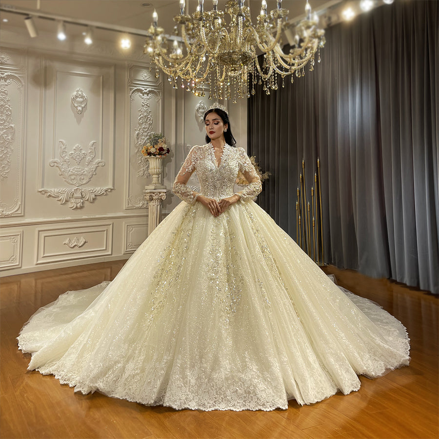 Luxury High Quality Lace long sleeves Bridal Wedding Ball Gown Dress - Image 7