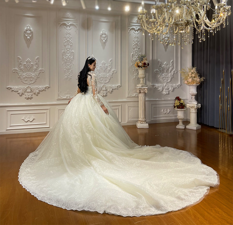 Luxury High Quality Lace long sleeves Bridal Wedding Ball Gown Dress - Image 3
