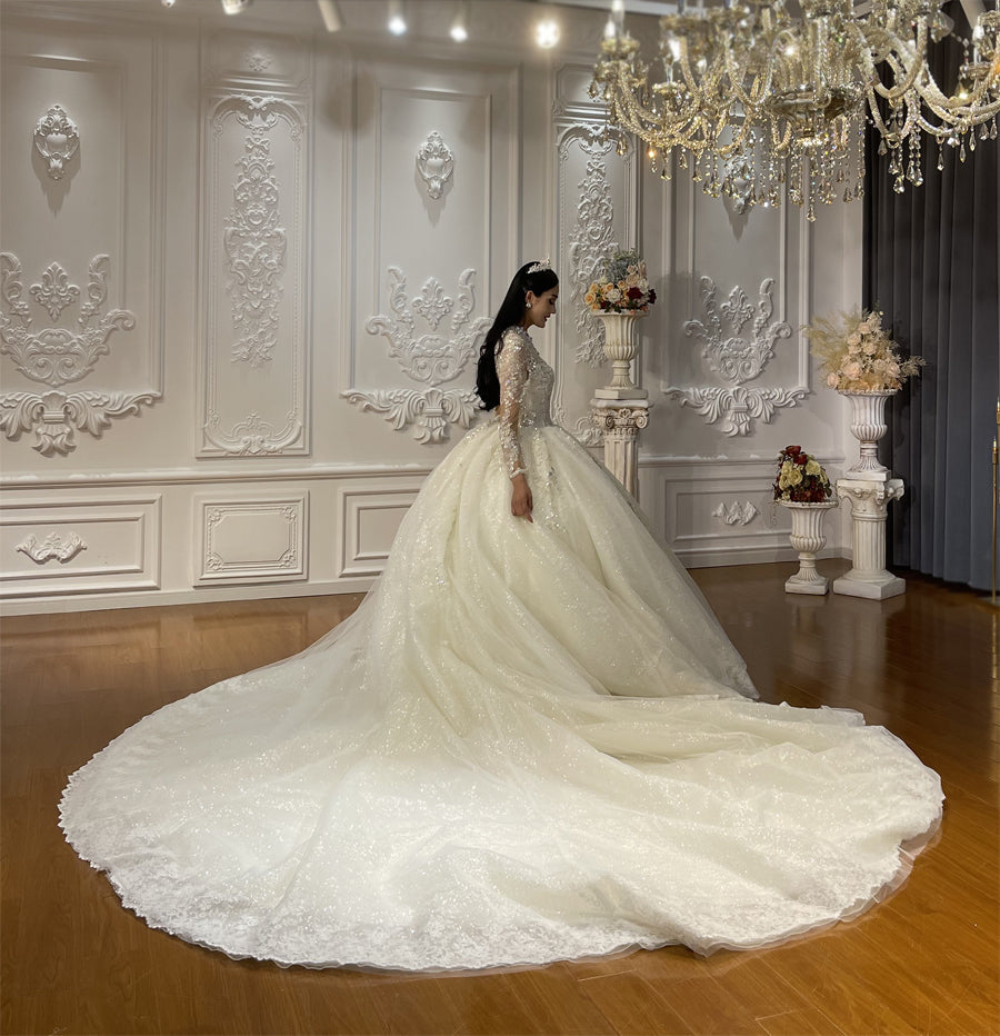 Luxury High Quality Lace long sleeves Bridal Wedding Ball Gown Dress - Image 4