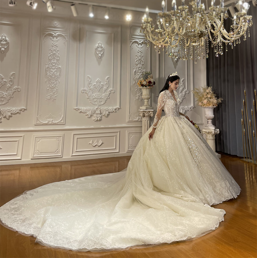 Luxury High Quality Lace long sleeves Bridal Wedding Ball Gown Dress - Image 5