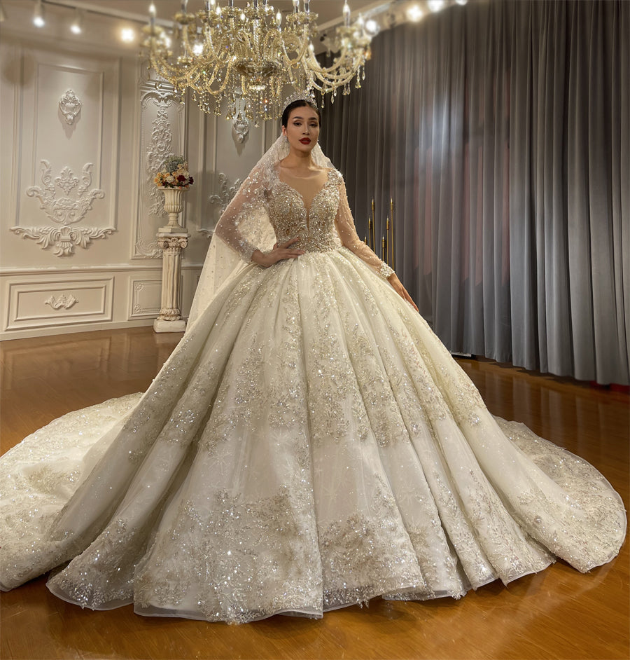 Luxury High Quality Lace long sleeves Bridal Wedding Ball Gown Dress - Image 5