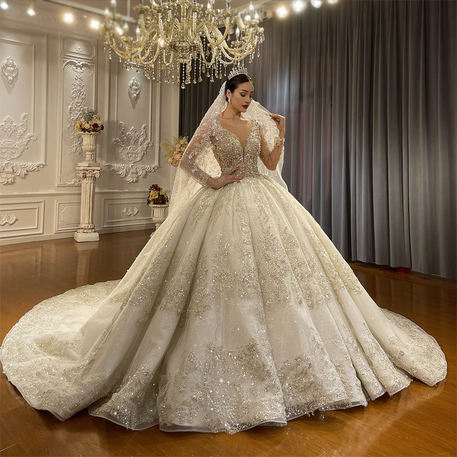 Luxury High Quality Lace long sleeves Bridal Wedding Ball Gown Dress - Image 4