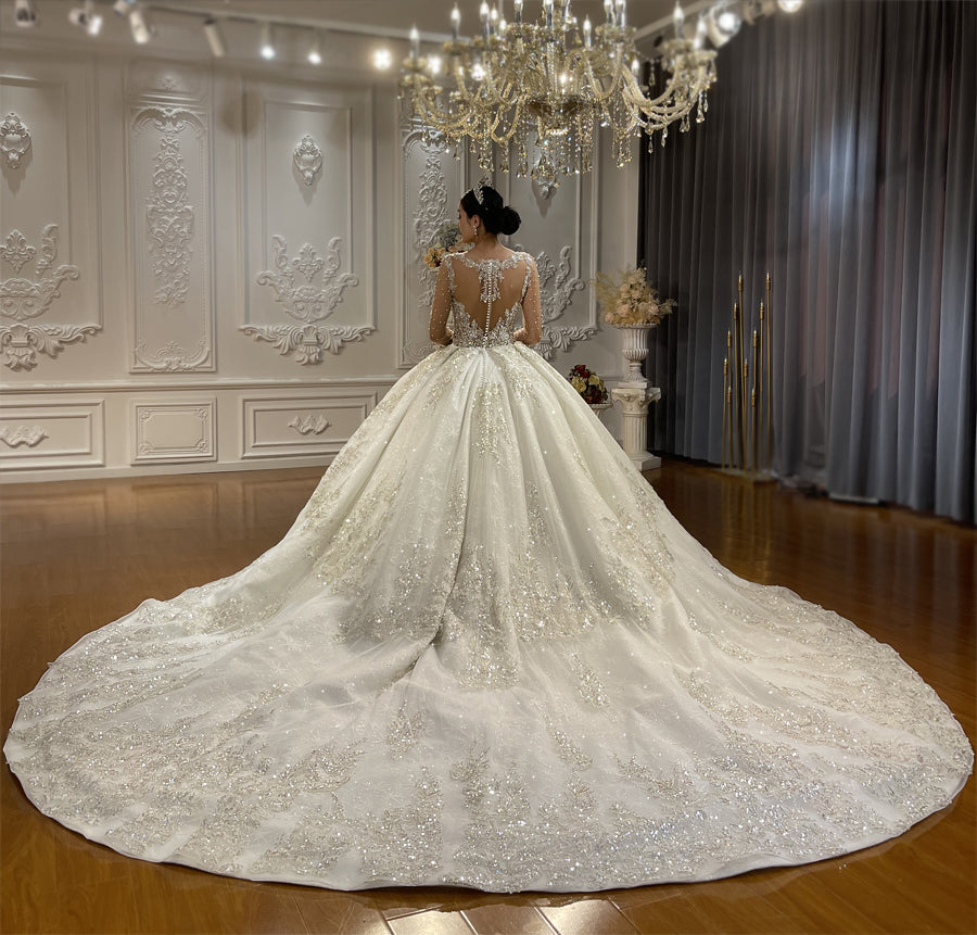 Luxury High Quality Lace long sleeves Bridal Wedding Ball Gown Dress - Image 2