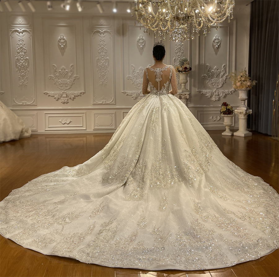 Luxury High Quality Lace long sleeves Bridal Wedding Ball Gown Dress - Image 3
