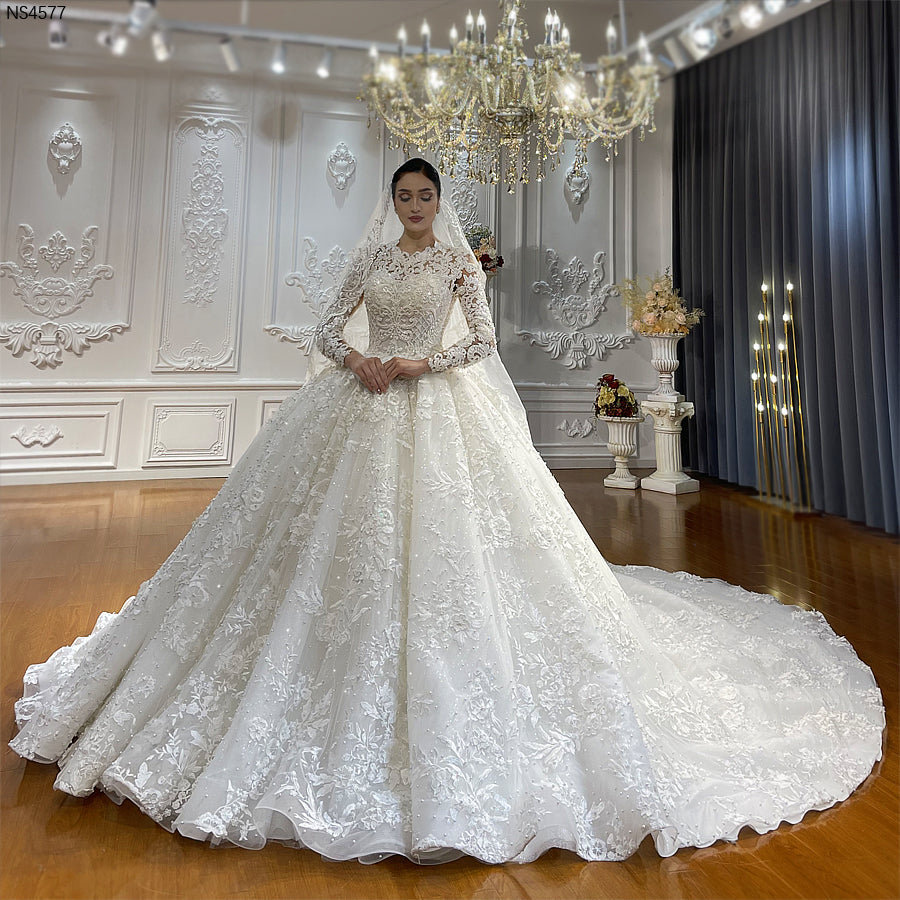 Luxury High Quality Lace long sleeves Bridal Wedding Ball Gown Dress - Image 7