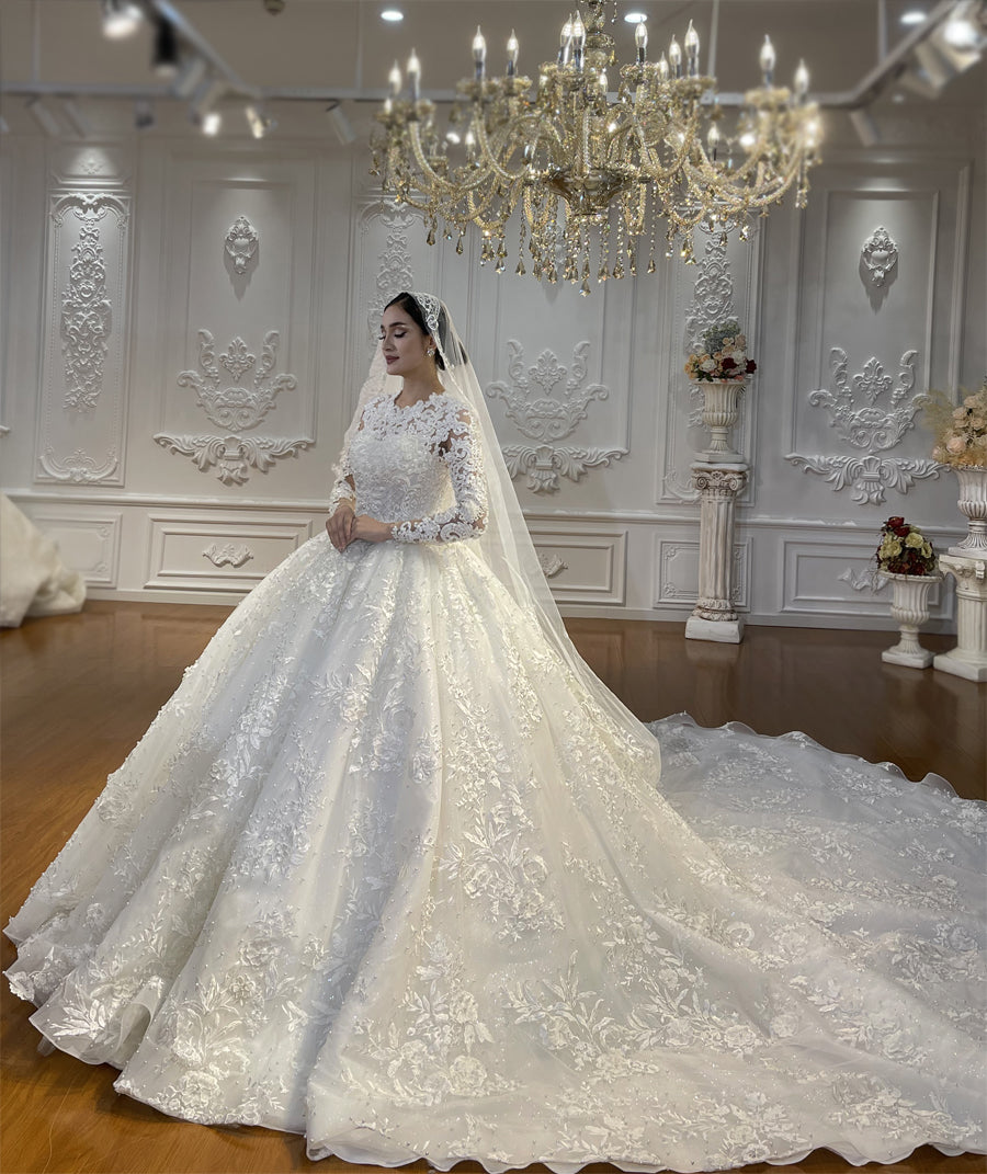 Luxury High Quality Lace long sleeves Bridal Wedding Ball Gown Dress - Image 2
