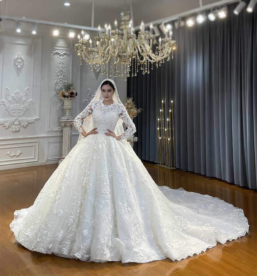 Luxury High Quality Lace long sleeves Bridal Wedding Ball Gown Dress - Image 3
