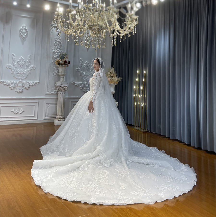 Luxury High Quality Lace long sleeves Bridal Wedding Ball Gown Dress - Image 6