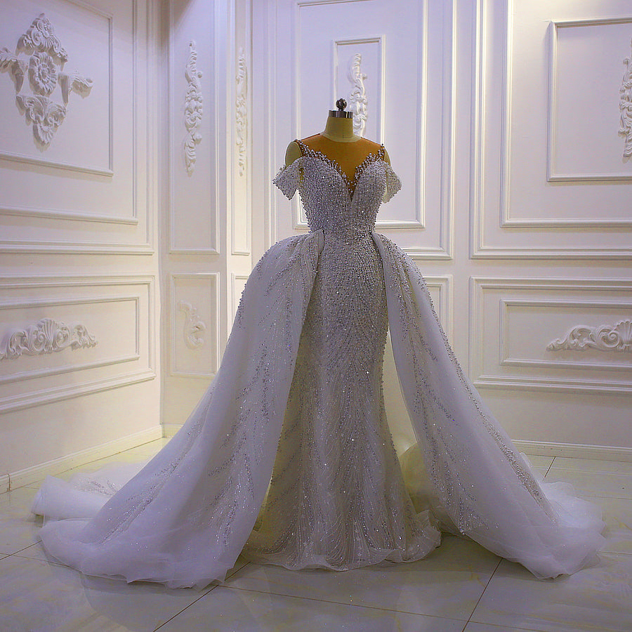 New Mermaid Wedding Dress Elegant Beaded Cross Lace  Wedding Dress With Detachable Train