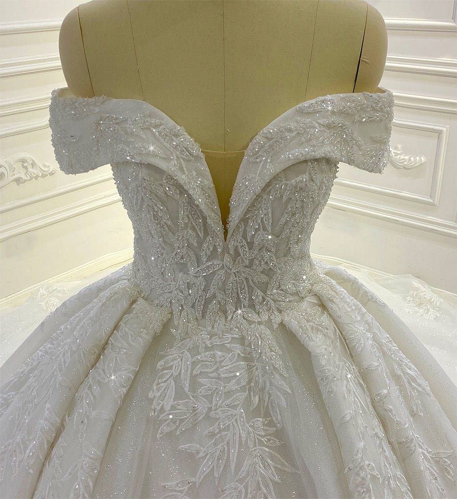Off shoulder Long Tail lace high quality Dream Wedding Dress - Image 3