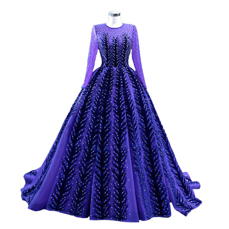 Lace Prom Gown Purple Sequin Elegant Long Sleeve Evening Dress - Image 3