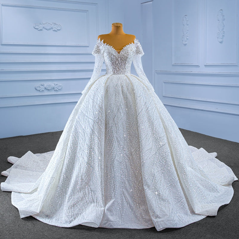 Bling Off Shoulder Long Sleeve Bridal Sequins Ball Gown Wedding Dress