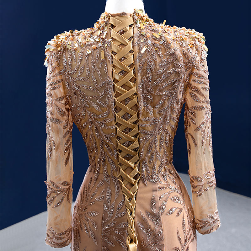 Champagne Long Sleeve Elegant Sexy High Neck Mermaid Evening Prom Dress - Image 6