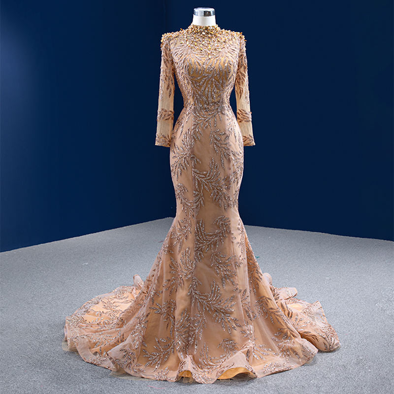 Champagne Long Sleeve Elegant Sexy High Neck Mermaid Evening Prom Dress - Image 4