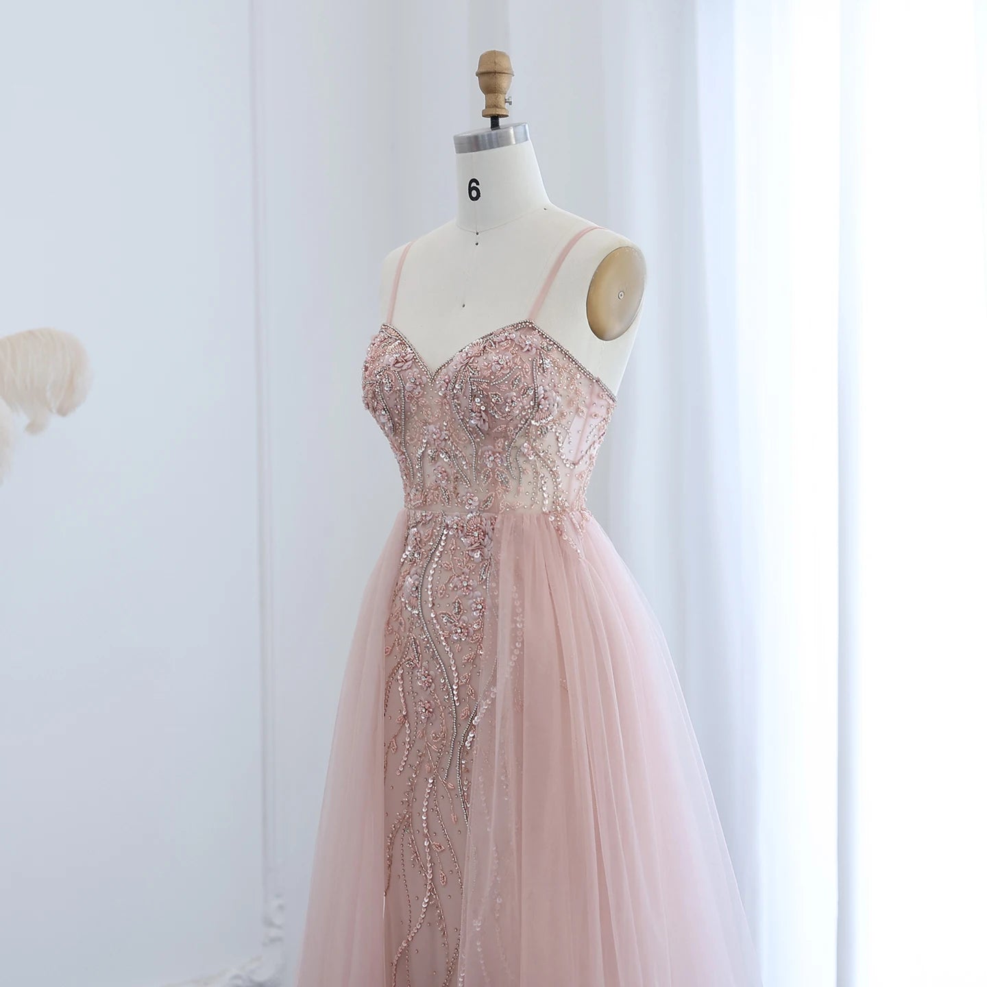 Blush Pink Dubai Evening Dresses with Overskirt Spaghetti Straps Sexy Long Luxury Wedding Party Prom Dress - Image 4
