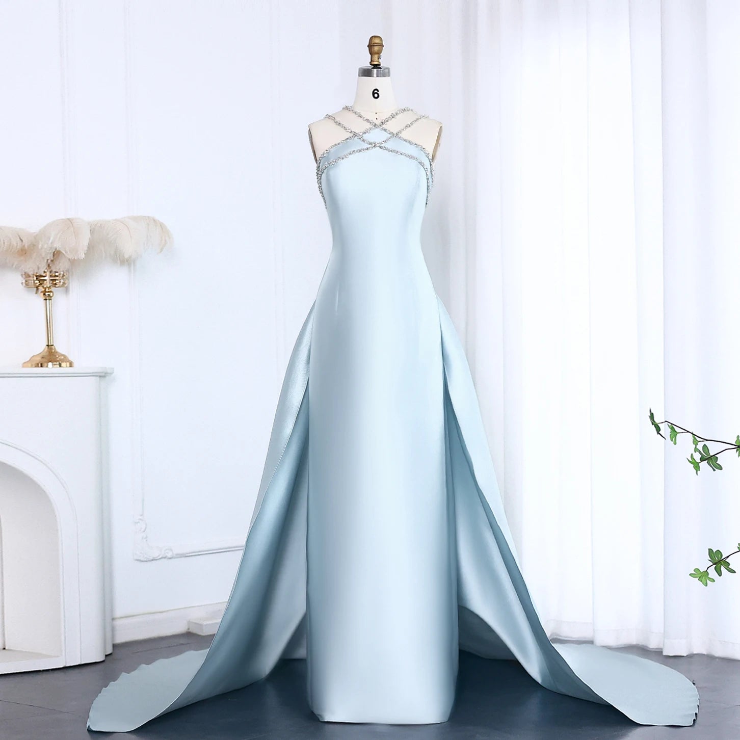 Elegant Light Blue Satin Evening Dress for Women Wedding Overskirt Formal Party Gowns - Image 2