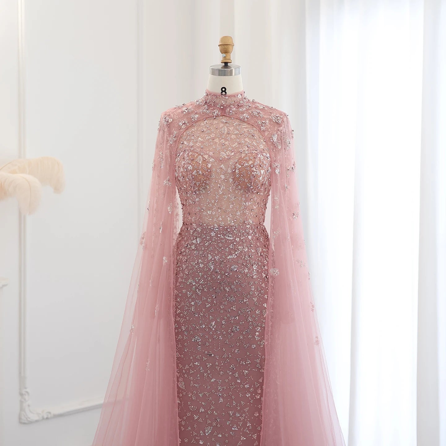 Luxury Dubai Pink Evening Dress with Cape Long Sleeves Mermaid Sage Green Women Wedding Party Gown - Image 10