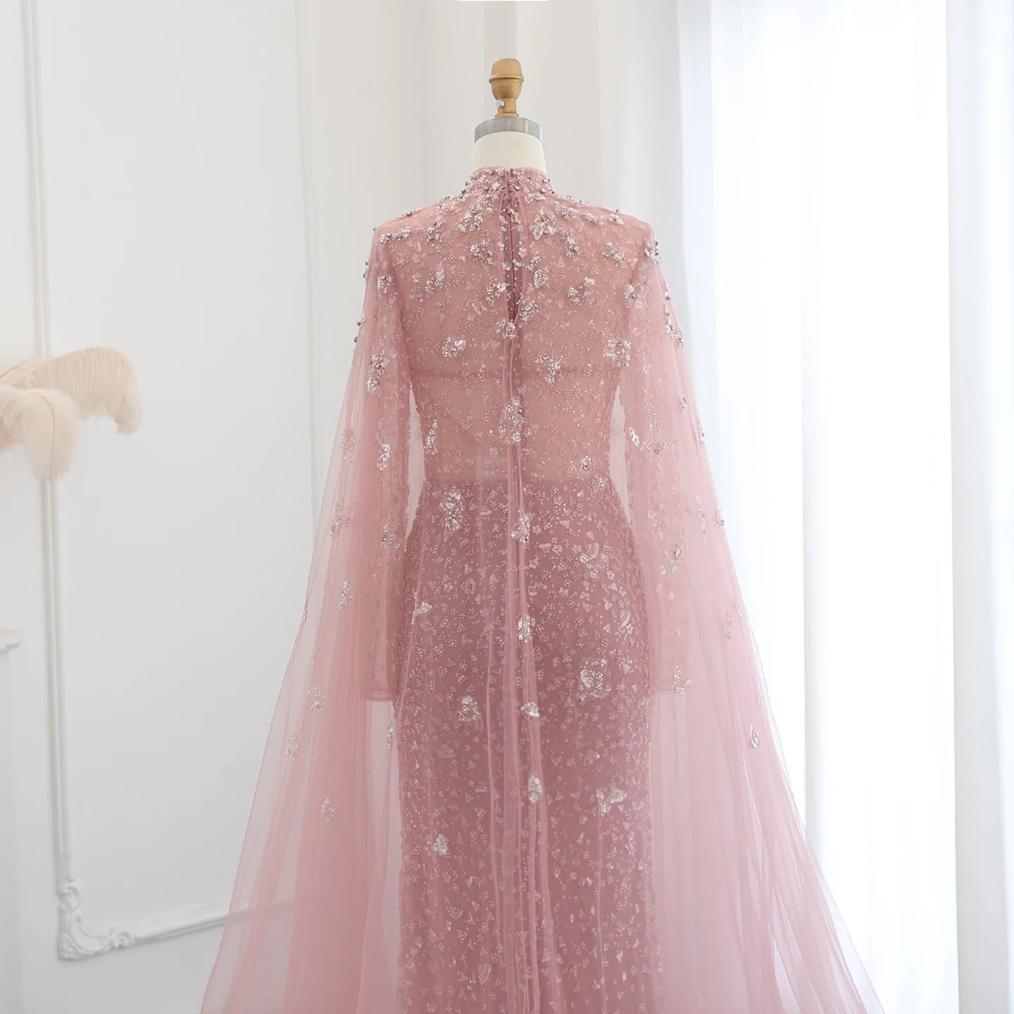 Luxury Dubai Pink Evening Dress with Cape Long Sleeves Mermaid Sage Green Women Wedding Party Gown - Image 15