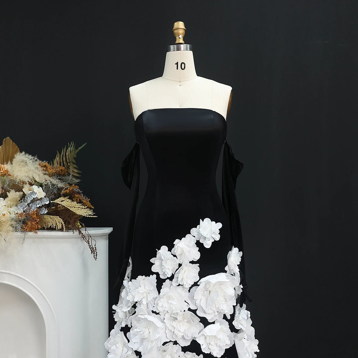 Luxury Black Velvet Strapless Evening Dress with Gloves 3D Flowers Women Wedding Party Gowns - Image 2