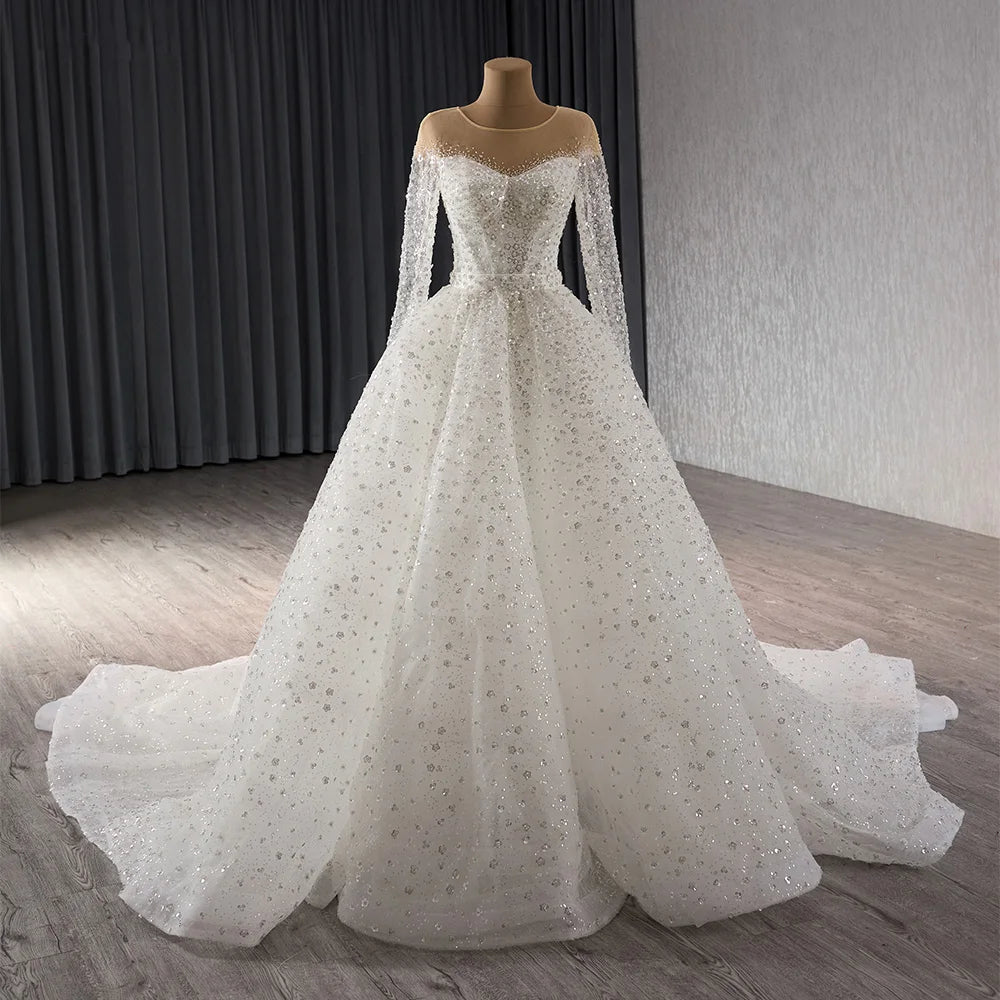 Exclusive Long Sleeve Mermaid Wedding Sequins Dresses With Overskirt