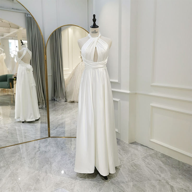 Simple High Neck Cut Out Sleeveless Satin Ankle-Length Wedding Dress