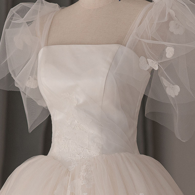Princess Puff Sleeve Ball Gown Organza Floral Print Wedding Dress - Image 6