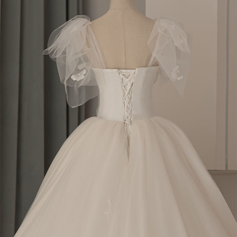 Princess Puff Sleeve Ball Gown Organza Floral Print Wedding Dress - Image 3