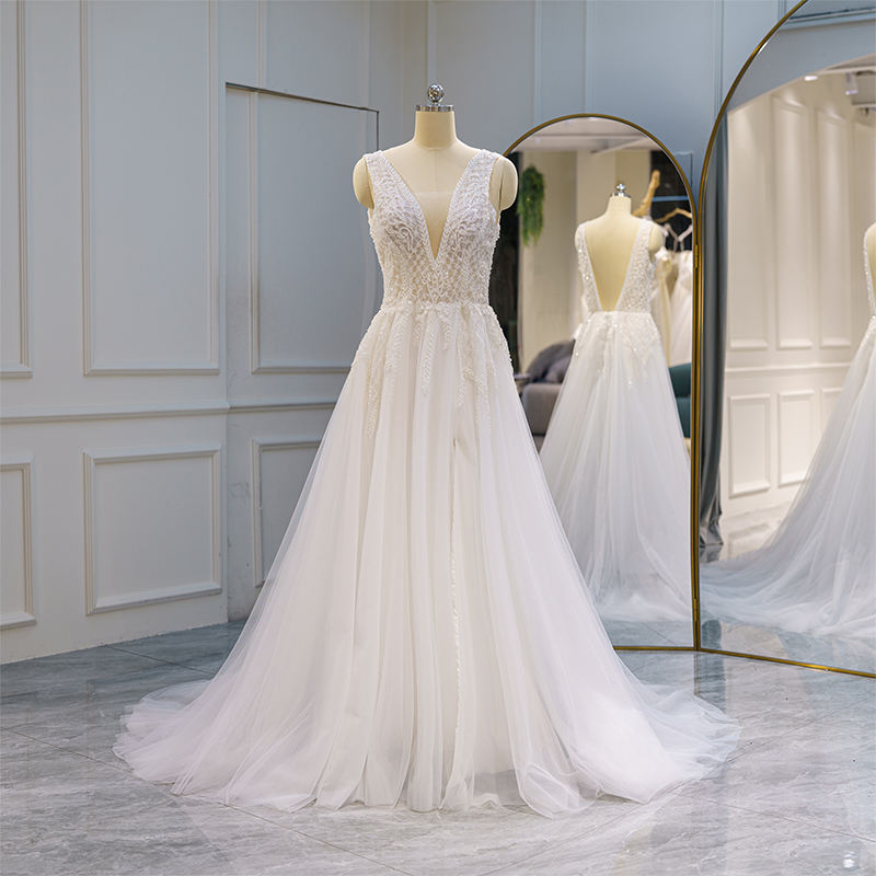 Classic V-neck White Tank Illusion A-line Sleeveless Wedding Dress