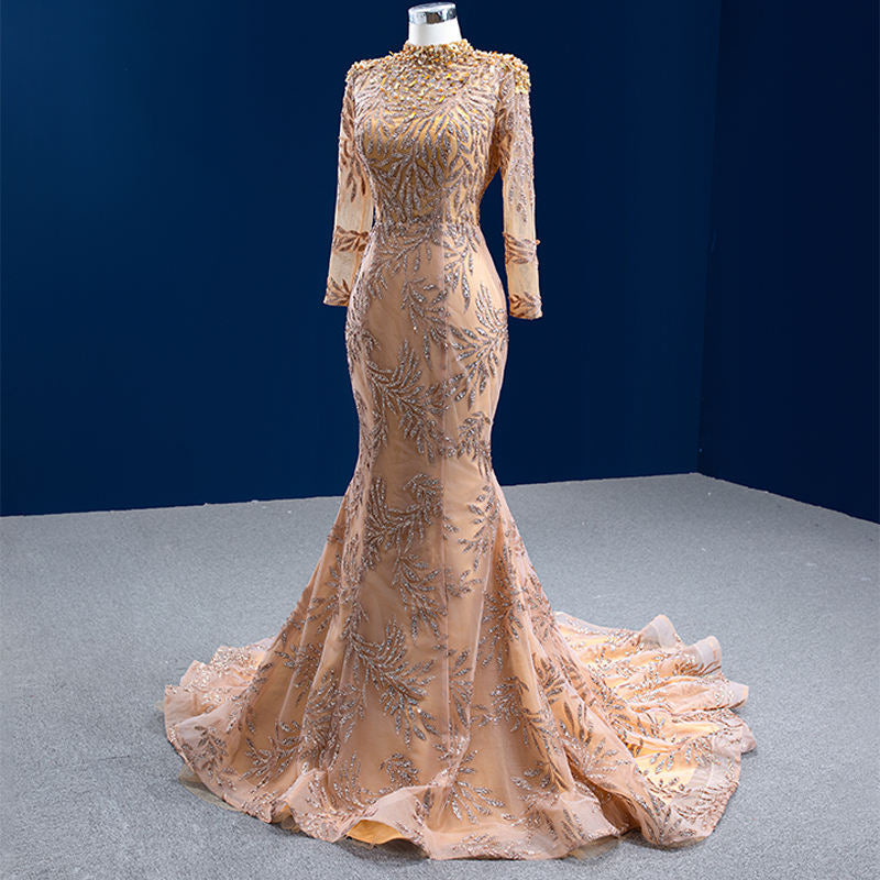 Champagne Long Sleeve Elegant Sexy High Neck Mermaid Evening Prom Dress - Image 3