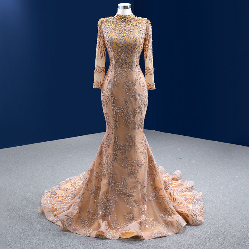 Champagne Long Sleeve Elegant Sexy High Neck Mermaid Evening Prom Dress - Image 7