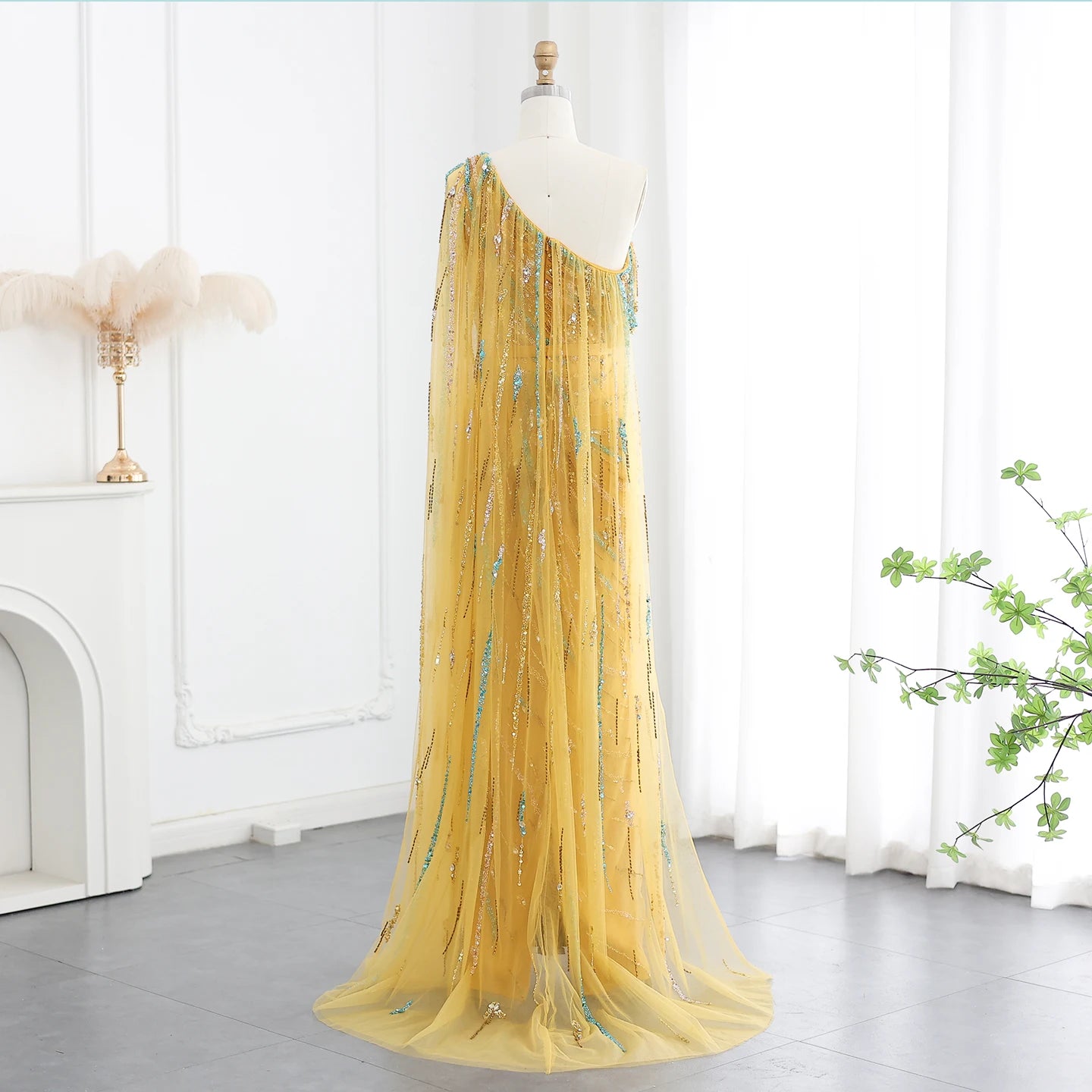 Luxury One Shoulder Gold Yellow Evening Dress with Cape Elegant Women Wedding Formal Party Gowns - Image 4