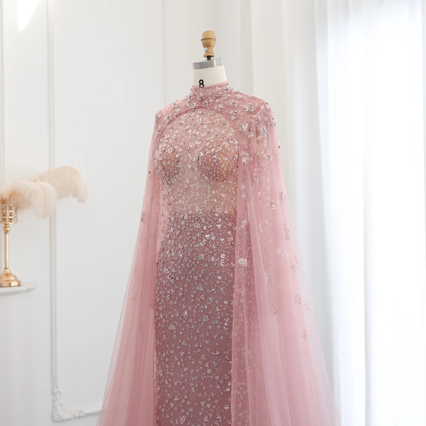 Luxury Dubai Pink Evening Dress with Cape Long Sleeves Mermaid Sage Green Women Wedding Party Gown - Image 12