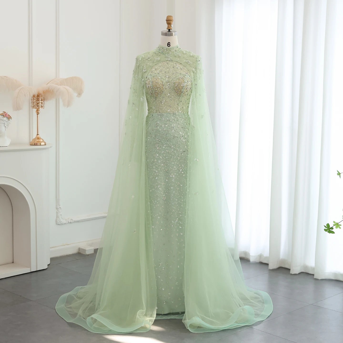 Luxury Dubai Pink Evening Dress with Cape Long Sleeves Mermaid Sage Green Women Wedding Party Gown - Image 3