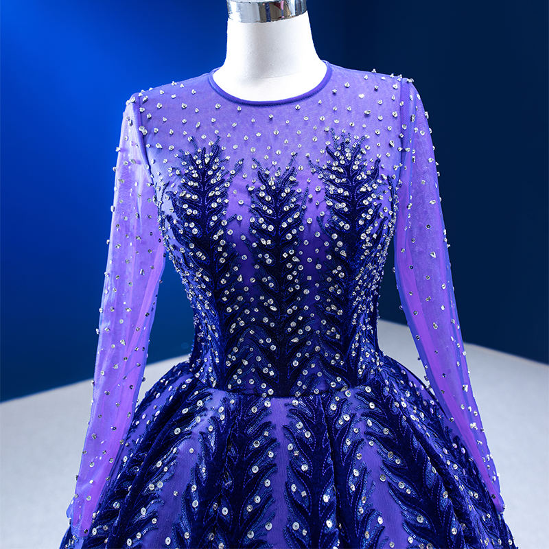 Lace Prom Gown Purple Sequin Elegant Long Sleeve Evening Dress - Image 6