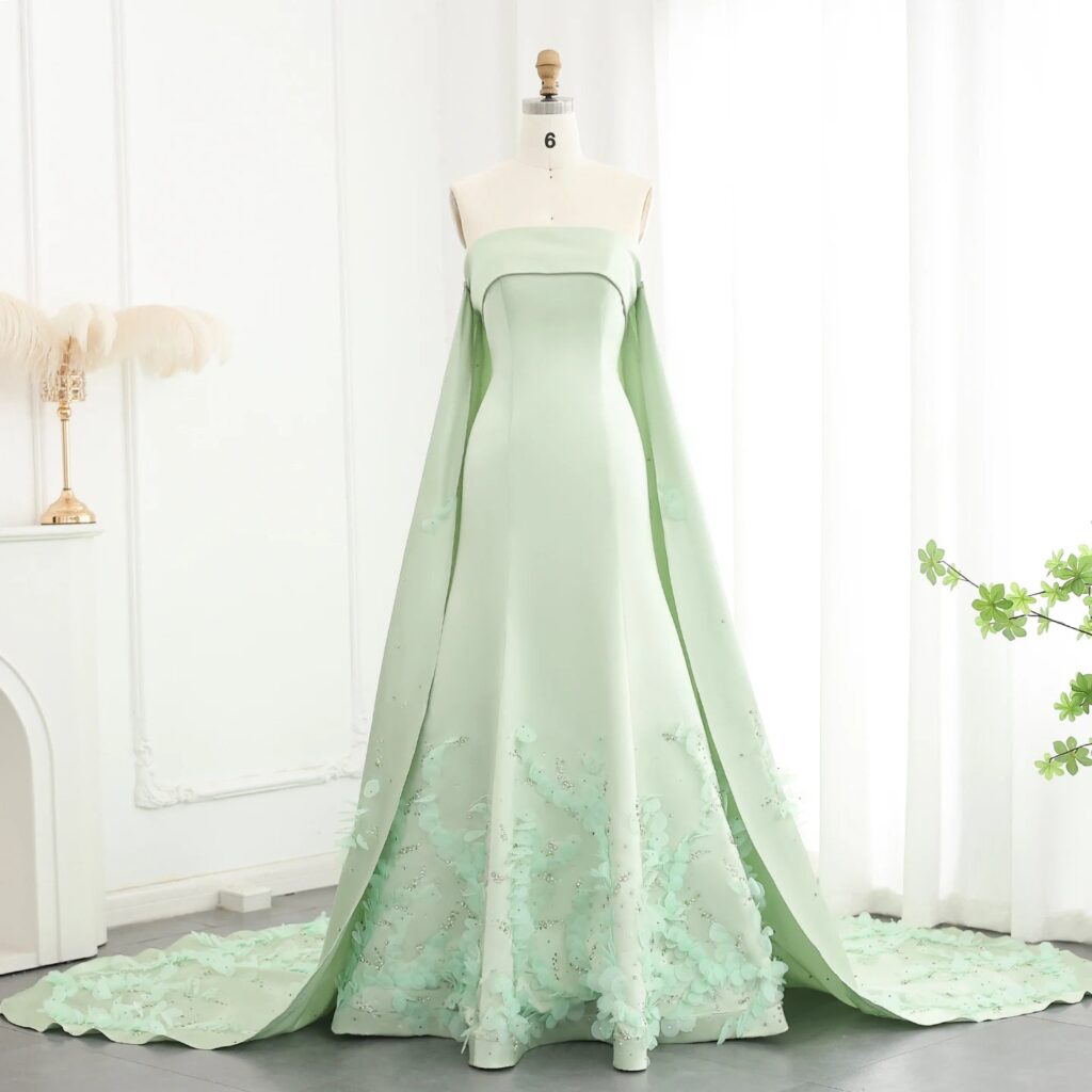Luxury Crystal 3D flower Sage Green Evening Dress with Cape Arabic Women Wedding Party Gowns