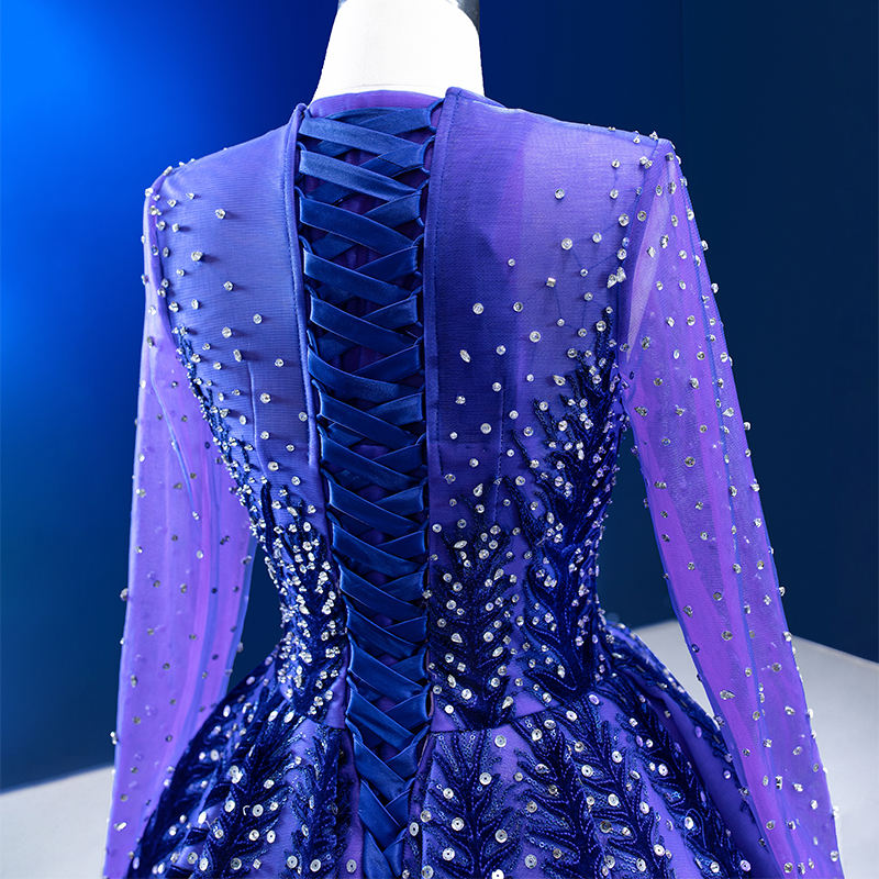 Lace Prom Gown Purple Sequin Elegant Long Sleeve Evening Dress - Image 5