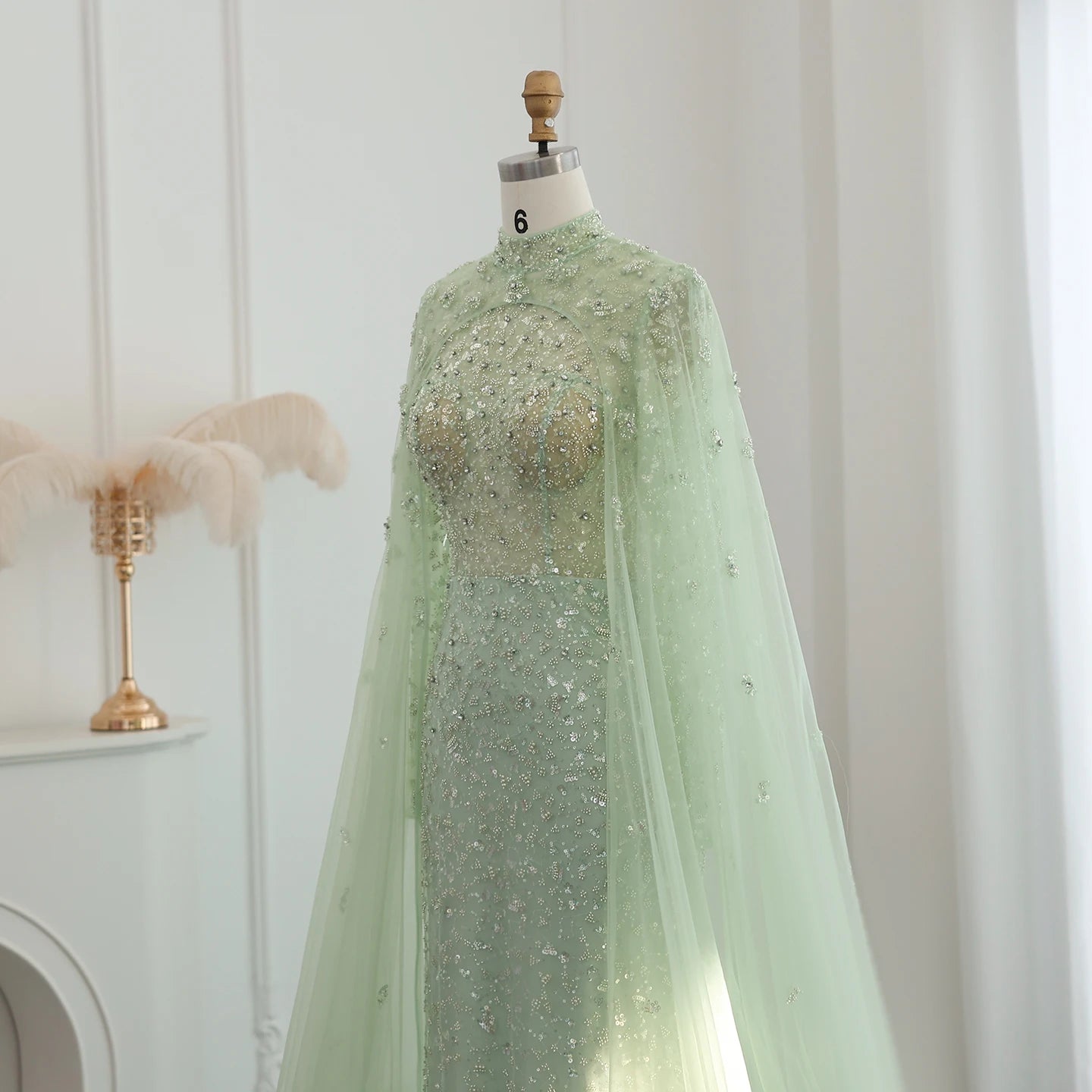 Luxury Dubai Pink Evening Dress with Cape Long Sleeves Mermaid Sage Green Women Wedding Party Gown - Image 5
