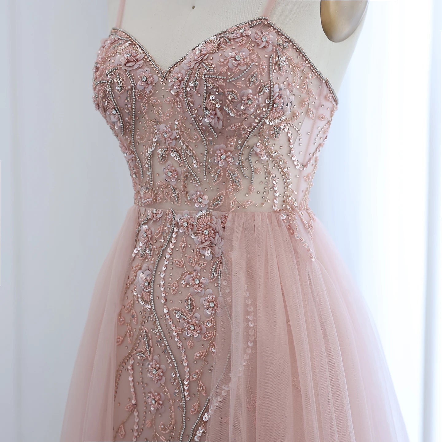 Blush Pink Dubai Evening Dresses with Overskirt Spaghetti Straps Sexy Long Luxury Wedding Party Prom Dress - Image 5