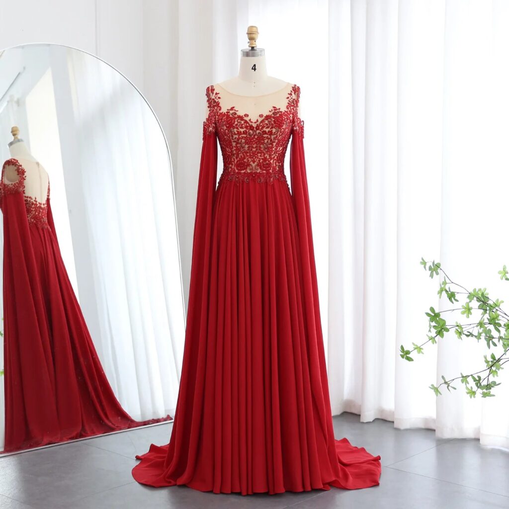 Elegant Wine Red Chiffon Beaded Luxury Evening Dress with Cape Sleeves for Wedding Party Gowns