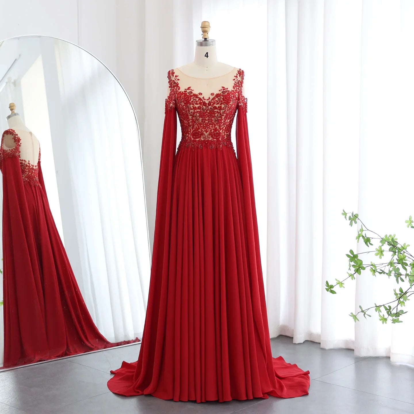 Elegant Wine Red Chiffon Beaded Luxury Evening Dress with Cape Sleeves for Wedding Party Gowns