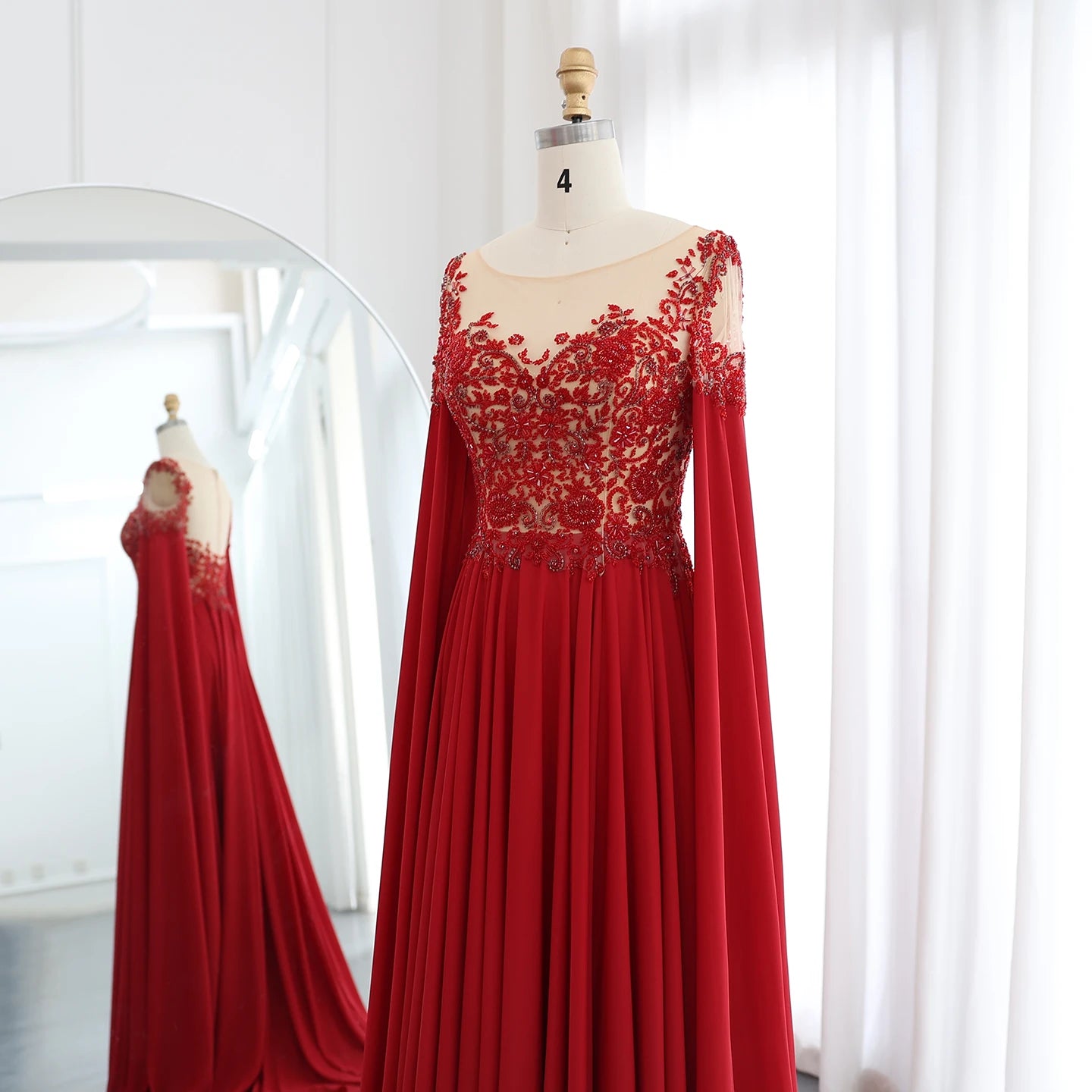 Elegant Wine Red Chiffon Beaded Luxury Evening Dress with Cape Sleeves for Wedding Party Gowns - Image 4