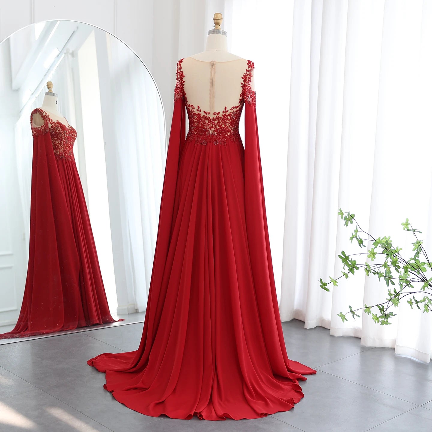 Elegant Wine Red Chiffon Beaded Luxury Evening Dress with Cape Sleeves for Wedding Party Gowns - Image 6